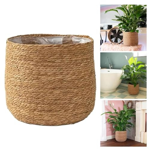 Nasliana Large Seagrass Plant Pot,Wicker Plants Pots Indoor Storage Baskets Rattan Planter Woven Basket Flower Planters Round Wickers Decoration 22cm Diameter,for Garden House Decorative Home Decor