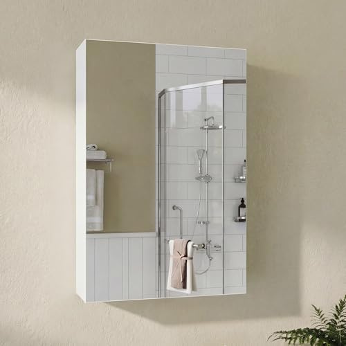 Panana Single Door Bathroom Mirror Cabinet, Wall Mounted Cabinet with Mirror, Storage Cupboard with Adjustable Shelf (White, 50 x 70 x 13 cm)