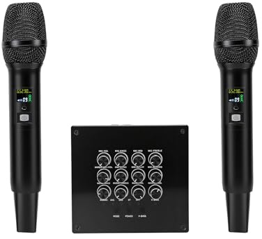 Ejoyous Doppio Microfonico Wireless per Karaoke, Set di Microfoni Portatili UHF in Lega di Alluminio ABS con Ricevitore, Equalizzatore Integrato, 2 Microfoni per Canto, Parlato, Uso Domestico,