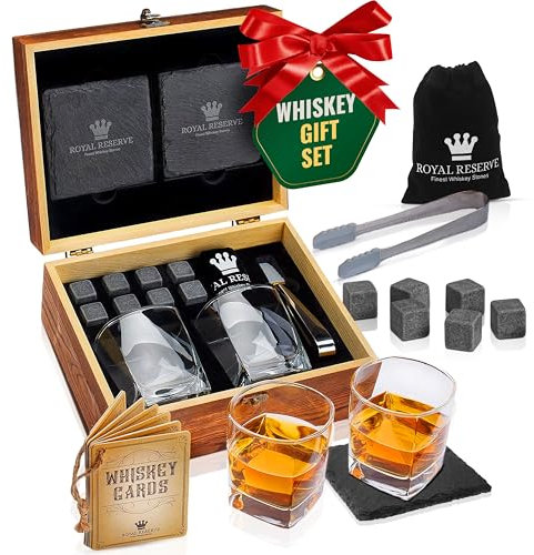 Whisky Geschenkset – Whiskey Gläser, Steine, Untersetzer, Eiszange, Holzkiste, Geschichts- und Rezeptkarten, Samtbeutel – Zubehör Set, Geschenk für Männer, Ehemann, von Royal Reserve