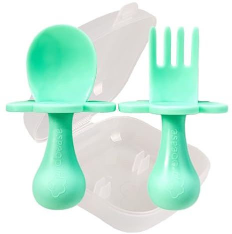 grabease Utensili per l'autoalimentazione del bambino e del bambino – Set cucchiaio e forchetta per lo svezzamento guidato dal bambino – Realizzati in plastica atossica – Dotato di barriere