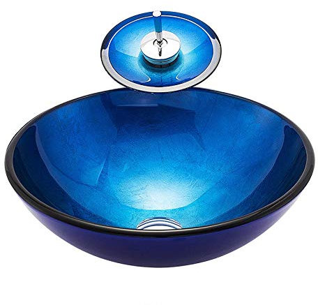 chicstyleme Aufsatzwaschbecken und Wasserhähne aus Glas Rundes D420 mm Glaswaschbecken, blau Tischwaschbecken Waschbecken und Wasserhahn Pop-up-Siphon-Abfluss, AbflussrohrSet