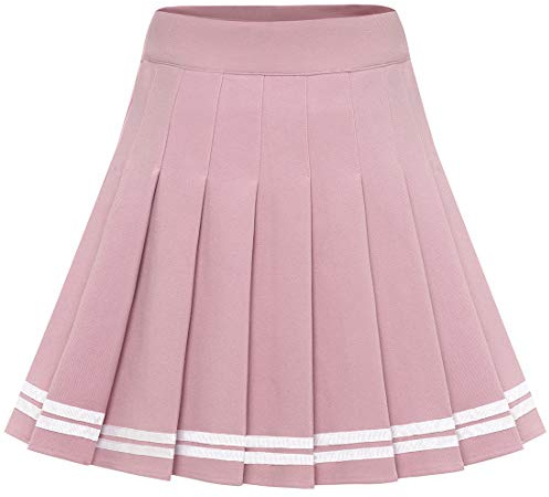 Dressystar Damen Dehnbar Faltenrock Schulmädchen Solide Skater Tennis Basic Mini Rock Rosa Weiß Streifen L