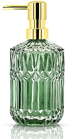 Glass Soap Dispenser, 400ml Clear Refillable Wash Hand Liquid, Dish Detergent, Shampoo Lotion Bottle with Pump for Bathroom, Kitchen, Laundry Room (Green)