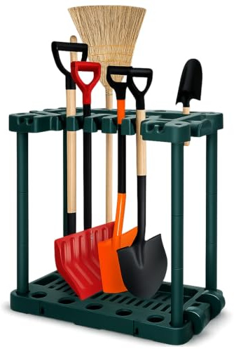 2 Tier Garden Tool Holder Heavy Duty Garden Tools Storage Multi Tool Portable Organiser Tidy with Wheels for Sheds Garages & Outdoors Freestanding Holder for Rakes Shovels Brooms 84 x 75 x 35cm GREEN