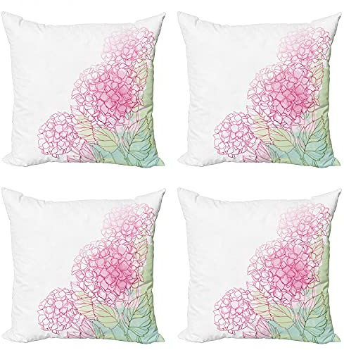 ABAKUHAUS Hortensia Lot de Housses de Coussin en 4 pièces, Grunge Peindre des Fleurs Art, Impression Numérique Recto-Verso Moderne, 50 cm x 50 cm, Vert pâle Rose
