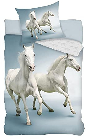 Parure de Lit Chevaux Blancs 100% Coton - Housse de Couette 140x200 cm + Taie d'oreiller 65x65 cm