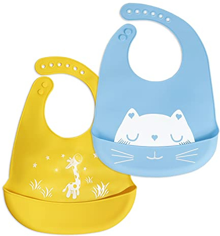CQQNIU 2 baberos impermeables de silicona de grado alimenticio para bebés, lavables a máquina, con bolsillos para la recolección de desechos, unisex (gatito azul cielo más cordero naranja)