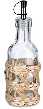 Zeller 19580 Essig-/Ölflasche Boho, 190 ml, Glas, ca. Ø 6,2 x 19,5 cm, Tischdeko Strohgeflecht, Oelausgießer mit Verschlusskappe