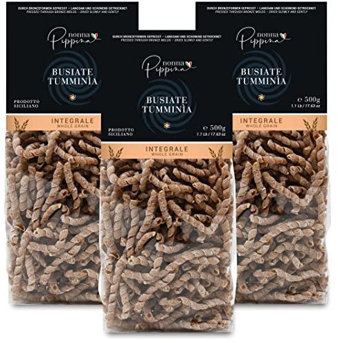 NONNA PIPPINA Busiate Tumminia 3 x 500g, typisch sizilianische Vollkorn-Nudeln, traditionell durch Bronzeform gezogen, langsame Trocknung, aus Tumminia-Hartweizengrieß, Mineral- und Ballaststoffreich