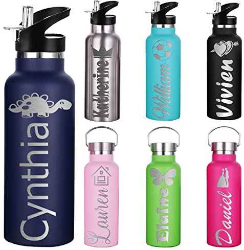 Bouteille d'eau Personnalisée avec Couvercle à Paille pour l'école, Bouteille d'eau de Sport Isotherme en acier Inoxydable avec nom pour Filles, Garçons, Femmes, Hommes (350 ml/750 ml,7 Couleurs)