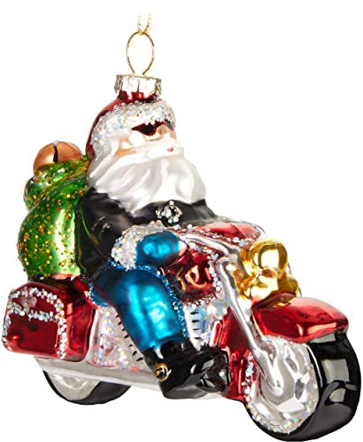 BRUBAKER Cooler Weihnachtsmann auf Motorrad mit Sonnenbrille Weihnachtskugel aus Glas - Christbaumschmuck Handbemalt Lustig - Christbaumkugel Figuren Weihnachtsdeko Anhänger - Deko Baumkugel