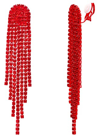Clearine Clips d'oreilles Boucles Clip-on Gland Mode Longue Goutte Lustre Scintillement Strass Cristal pour Femme Rouge