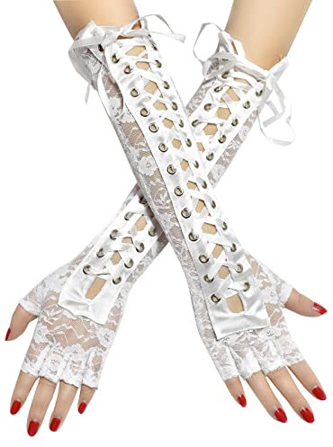 Asudaro Damen Punk Lange Handschuhe, Polyester Spitzenhandschuhe Fingerlose Brauthandschuhe Opera Fest Party Hochzeit Braut Handschuhe 1920er Stil Handschuhe Hochzeitsfest-Abschlussball Weiss