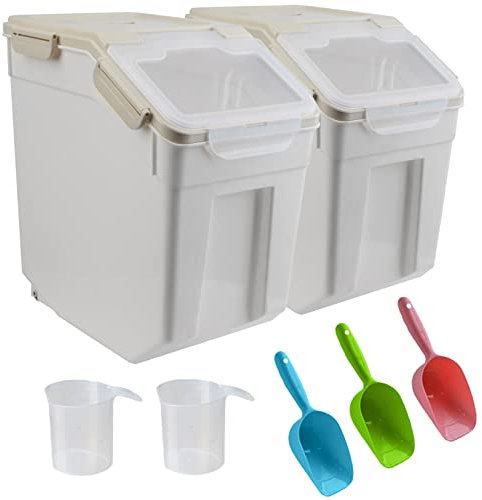 ANMOO Airtight Rice Storage Container Set of 2 15KG Flour Food Storage Bucket Dry Food Dispenser Large Grain Sealed Container With Wheels BPA-Free Storage Bins with Scoop