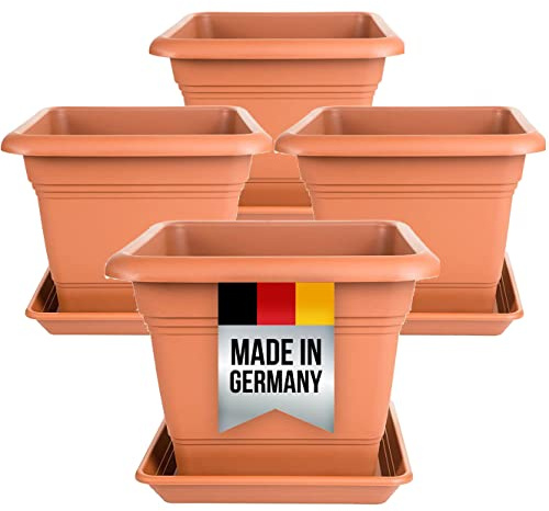 2friends 4er Set Blumentopf Gross mit Untersetzer 28x28 cm, Pflanzkübel GroÃŸ AuÃŸen, Pflanzentopf Pflanzkübel Kunststoff, Blumenkübel Pflanztöpfe Blumentöpfe Terracotta, Model: Eleonor