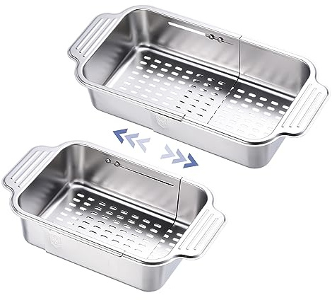 sourcing map Extendable Over the Sink Strainer, Fruit Vegetable Wash Basket Adjustable Colander for Kitchen Stainless Steel Silver