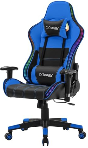 ML-Design Gaming Stuhl mit RGB LED-Beleuchtung & Bluetooth-Lautsprechern, Blau, Kunstleder, Ergonomischer Bürostuhl, Hohe Rückenlehne, Kopfstütze, Lendenkissen, drehbar-verstellbar, Racing Gamer Stuhl