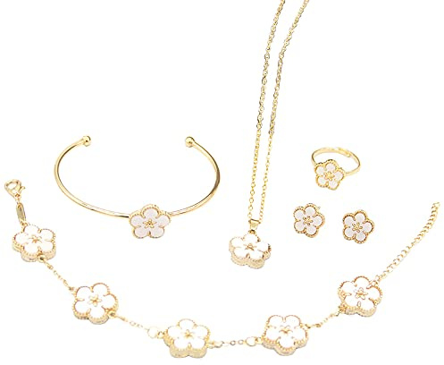 QKEPCY Vierblättriges Kleeblatt Schmuckset für Damen und Mädchen Gold Plattiert Blumen Anhänger Halskette Ohrstecker Armband Ringe Emaille Schmuck Set Geschenke mit 5 Stück