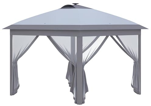 Outsunny Pavillon 3,3 x 3,3 m Faltpavillon mit LED, USB-Ladeanschluss Pop-Up-Pavillon mit Mesh-Seitenwände Gartenpavillon mit Sonnenschutz inkl. Tasche Oxford Grau