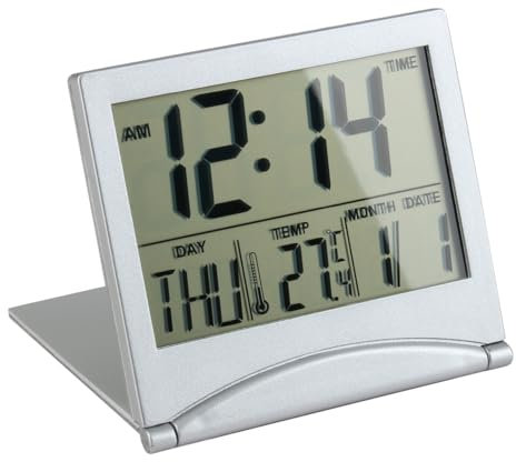 Pennle Digital Travel Alarm Clock with LCD Display, Foldable Desk Top Clock with Day, Date, and Temperature Indication, Battery Operated Small Digital Alarm Clock for Travel and Home Use, Silver