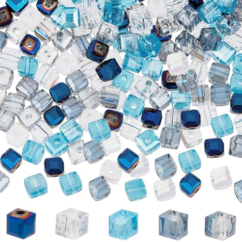 SUNNYCLUE 400 pièces 5 couleurs Perles de Verre Carrées Bleues Perle de Cube de Verre Bleu AB Couleur Verre Transparent à Facettes Cristal Bleu Cube Petite Perle D'Espacement pour la Fabrication de Bi