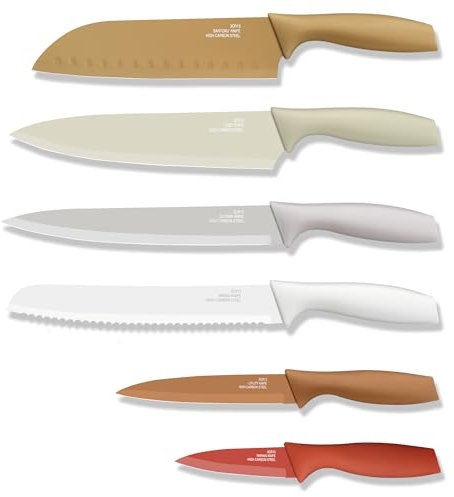 Joyfair Messerset, 6-teiligs Antihaft Karbonstahl Küchenmesser Messer Set mit Schützend Messerscheide, Mehrfarbig Schneidemesser Gemüsemesser zum Schneiden/Schälen, Rostfrei & Leicht zu Reinigen