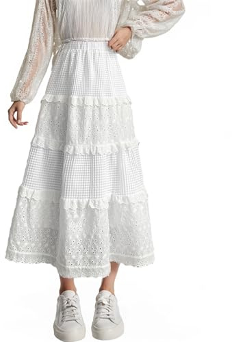 Adorling Jupe Midi Blanche pour Femme – Jupe Élégante Taille Haute avec Détails en Dentelle et Ceinture Élastique