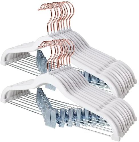 Stormix Hosenbügel 24er-Pack, 42cm Vevlt-Rockbügel mit Clips, Rutschfeste Kleiderbügel, Robuste Kleiderbügel für Shorts, Hosen, Röcke, Kleider, Jacken, Mäntel Weiß (Rosengold-Haken)