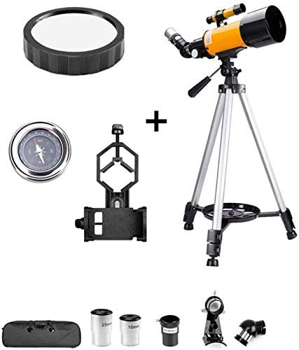 Linsenteleskop, Einsteigerteleskop für Kinder, 70 mm Öffnung, 400 mm astronomisches Teleskop, Rucksackteleskop für Erwachsene, für Kinder geeignet, für den Innen- und Außenbereich geeignet (Gelb-Pake