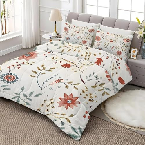 Bettdecke 200x220 Ohne Bezug Nutzbar, Druck Blütenblättern Bettdecken Waschbar Ganzjahresdecke Aquarell 4 Jahreszeiten Steppdecke, Bettzeug Microfaser mit 2 Kissenbezug für Sommer Winter Doppelbett