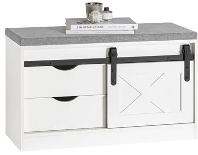 Banco de zapatos blanco con puerta corredera y cojín de asiento, zapatero y armario, 80 x 30 x 49 cm