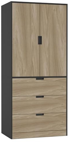 URBNLIVING 2 Door 3 Drawer Black White Oak Grey Modern Wardrobe Furniture with Clothes Hanging Rail Storage Shelf for Home Bedroom Organiser Unit H180cm x W80cm x D50cm
