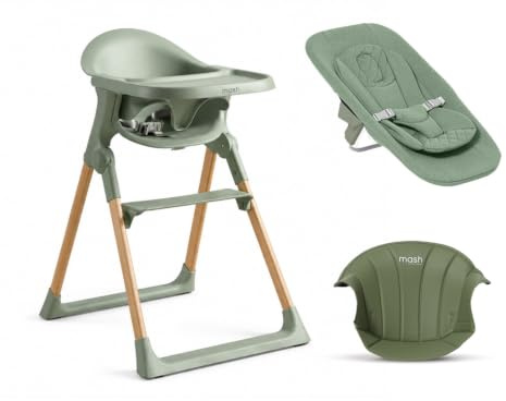 Mash High Chair Bundle by Baby Elegance | Includes Newborn Seat (0-6 Months), Toddler Seat (6+ Months) & Sage Cushion | Foldable & Adjustable Sage High Chair for Babies & Toddlers