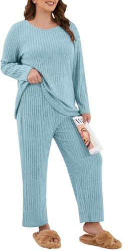 TIANZHU Plus Size Women's Pajamas Set Loungewear 2-Piece Ribbed Pyjama Set with Wide Leg Trousers & Pockets, Light blue, Size 26-28