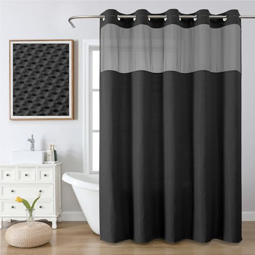 FY&XZH Hakenloser Duschvorhang aus Waffelgewebe mit Mesh-Fenster, Duschvorhang mit laminiertem wasserdichtem Rücken, Maschinenwaschbar, Hotelstil-Duschvorhang für das Badezimmer, 180 x 190 cm,Schwarz