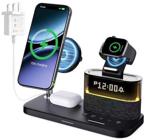 BLKE 5 in 1 Wireless Charging Station for Apple Devices with Alarm Clock | Magnetic Phone Charger Stand,Night Light,Wireless Charger For iPhone 17 16 15 14 13 12 Pro Max Apple Watch AirPods,33W Plug