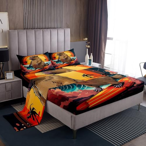 Erosebridal Kids Cute Beaver Bedding Set Full Size, Wild Animal Bed Sheets Set for Bedroom, Wildlife Flat Fitted Sheet, Funny Beach Palm Tree Bed Sets