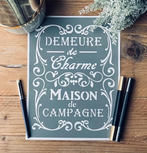 Pochoir Adhésif PVC Demeure de Charme Vintage 30x20 cm – Réutilisable & Repositionnable – Décoration Murale, Meuble, Bois, Tissu – DIY Peinture Acrylique Chalk Paint Style Maison Campagne Chic