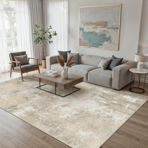 PureCozy Beige Abstraktes Teppich Wohnzimmer 160x230cm rutschfest Kurzflor Kunstwolle Schlafzimmer Teppich Waschbar Minimalistisch Bettvorleger Teppiche für Wohnzimmer Schlafzimmer Bereich Dekor | Rutschfest, weicher niedriger Flor, Schlafzimmer, Esszimmer, Büro, Kinderzimmer, Flur, Heimdekoration