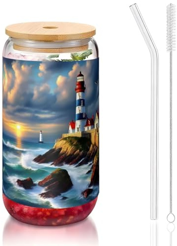 JIUTY Lighthouse Diamond Paint Printing Drinking Glasses with Lids and Glass Straw,1 Pc 16 Oz Glass Cups,Beer Ice Coffee Glasses