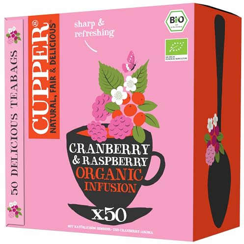 CUPPER - Caja de 50 Bolsitas de Infusiones Ecológicas de Arandano y Frambuesa - Apto para Veganos - Propiedades digestivas suaves - Sin azúcares añadidos