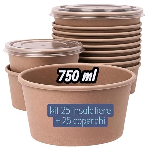 Terryshop74 Kit 50 Pezzi Insalatiere da Pokè 750 ml in Cartone Kraft con Coperchi – 25 Ciotole + 25 Tappi Ermetici – Contenitori Monouso Ecologici per Insalate e Pokè Bowl