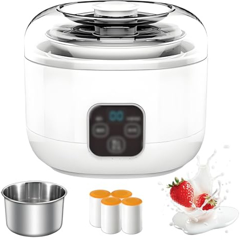 Probiotic Yoghurt Maker with 5 Ceramic Jars, 1L Yogurt Maker Machine with Timer Control, Stainless Steel Liner, for Homemade Greek Yogurt/Natto/Rice Wine