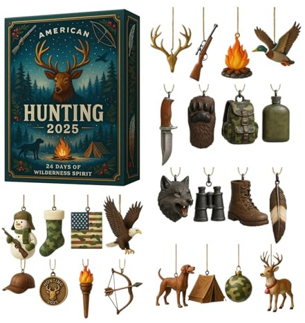 Weihnachtskalender Advent | 2D Acryl 24 Tage Anhänger | Coole Jagd Weihnachtsbaumschmuck - für Schreibtisch Baum Tür Eingang Fenster Büro Geschäfte Auto Schlafzimmer Schränke