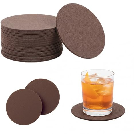 Lot de 30 Dessous de Verre Ronds en Feutre pour Verres, Dessous de Verre en Feutre, Dessous de Verre Ronds pour Tasses, Table, Bar, Verres (Marron)