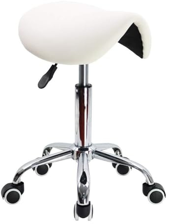 Rullande sadelpall PU-läder vridbar justerbar med hjul Salongstol for frisör, estetiker, tatuerare,(White)