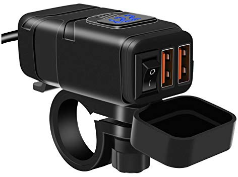 Motocicleta Cargador USB QC 3.0 USB Enchufe y 6-30V Voltímetro LED, IP65 Impermeable Moto Adaptador USB con Interruptor de Encendido/Apagado para 12V SUV Marino para Barcos (Azul)