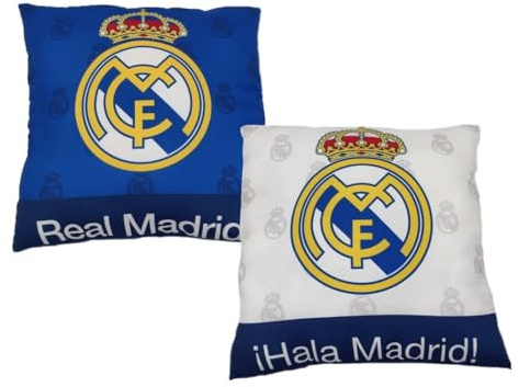 Cojines Real Madrid Oficiales – 3 Diseños: 3D Escudo, Camiseta y Cuadrado – Suaves con Fibra Siliconada – Decoración Sofá y Cama – Regalo Madridistas (Escudo Blanco 40x40cm)