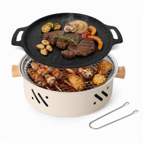 Pequeña Parrilla de Carbón, Asador Portátil para Picnic y Camping, Set Completo con Cuerpo de Parrilla, Cuenco de Carbón, Pinzas, Rejilla y Bandeja Recolectora